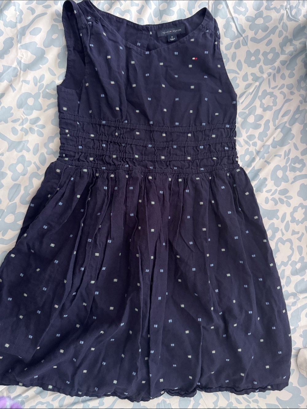 Tommy Hilfiger Navy Sleeveless Smocked Waist Dress with Tiny Dot Print